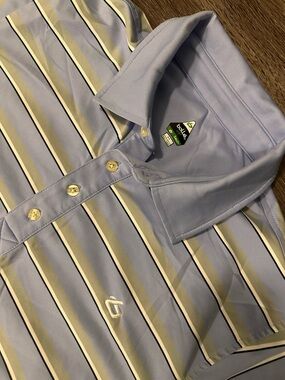 Bolle Golf Tech Polo Shirt Men's M Light Blue Striped Breathable 100% Polyester